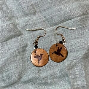 HUMMINGBIRD dangle earrings .  Laser engraved CALIFORNIA redwood.